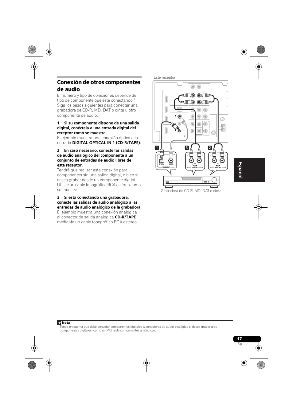 Conexión de otros componentes de audio, English français español, Nota | Pioneer VSX-819H User Manual | Page 157 / 213