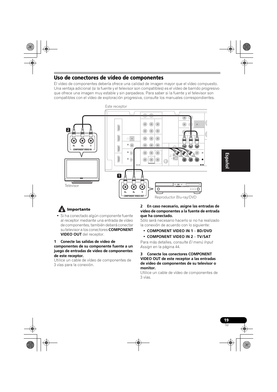 Uso de conectores de vídeo de componentes, English français español, 12 reproductor blu-ray/dvd televisor este receptor | Pioneer VSX-819H User Manual | Page 159 / 213