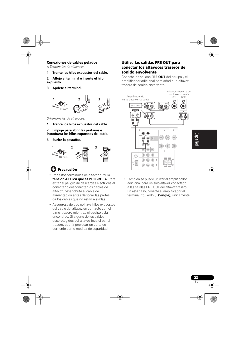 English français español, Conexiones de cables pelados | Pioneer VSX-819H User Manual | Page 163 / 213