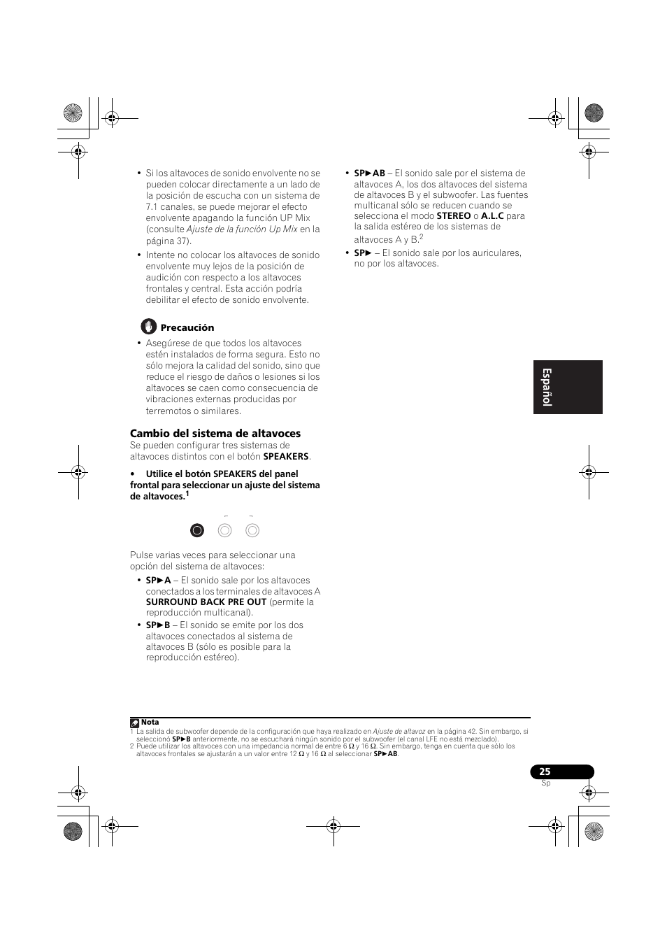 Cambio del sistema de altavoces, English français español | Pioneer VSX-819H User Manual | Page 165 / 213