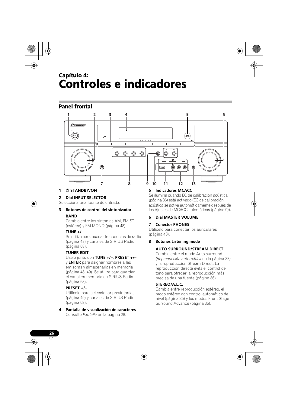 Panel frontal, Controles e indicadores, Capítulo 4 | Pioneer VSX-819H User Manual | Page 166 / 213