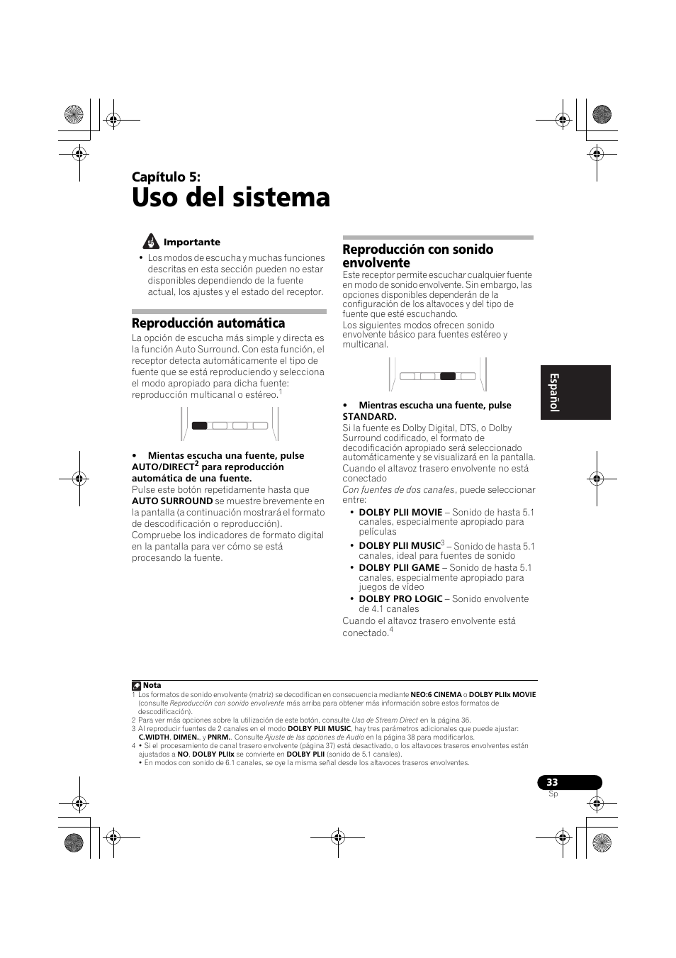 Uso del sistema, Capítulo 5, Reproducción automática | Reproducción con sonido envolvente, English français español | Pioneer VSX-819H User Manual | Page 173 / 213