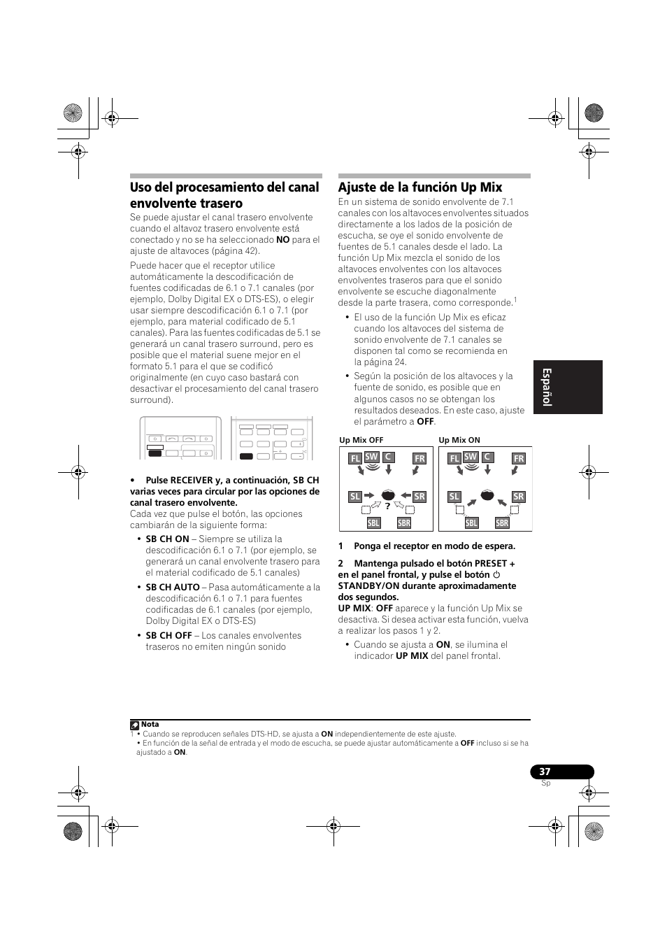 Uso del procesamiento del canal envolvente trasero, Ajuste de la función up mix, English français español | Pioneer VSX-819H User Manual | Page 177 / 213