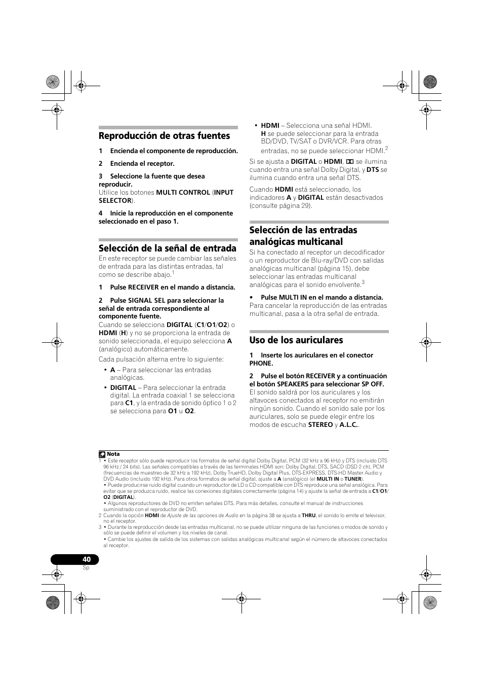 Reproducción de otras fuentes, Selección de la señal de entrada, Selección de las entradas analógicas multicanal | Uso de los auriculares | Pioneer VSX-819H User Manual | Page 180 / 213