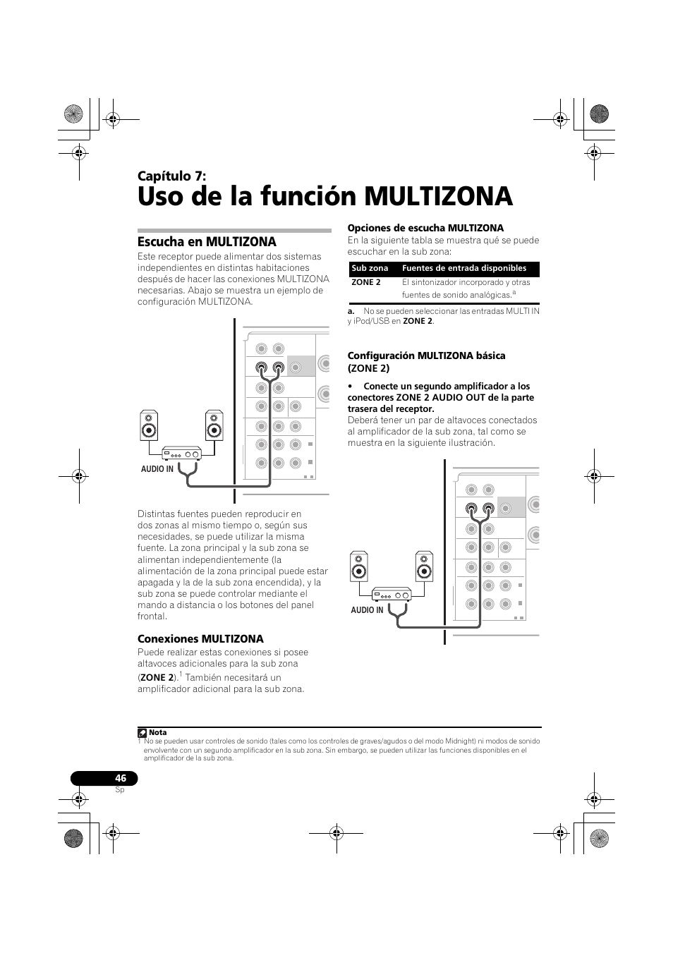 Escucha en multizona, Conexiones multizona, Uso de la función multizona | Capítulo 7, Opciones de escucha multizona, Configuración multizona básica (zone 2), Audio in, Nota | Pioneer VSX-819H User Manual | Page 186 / 213