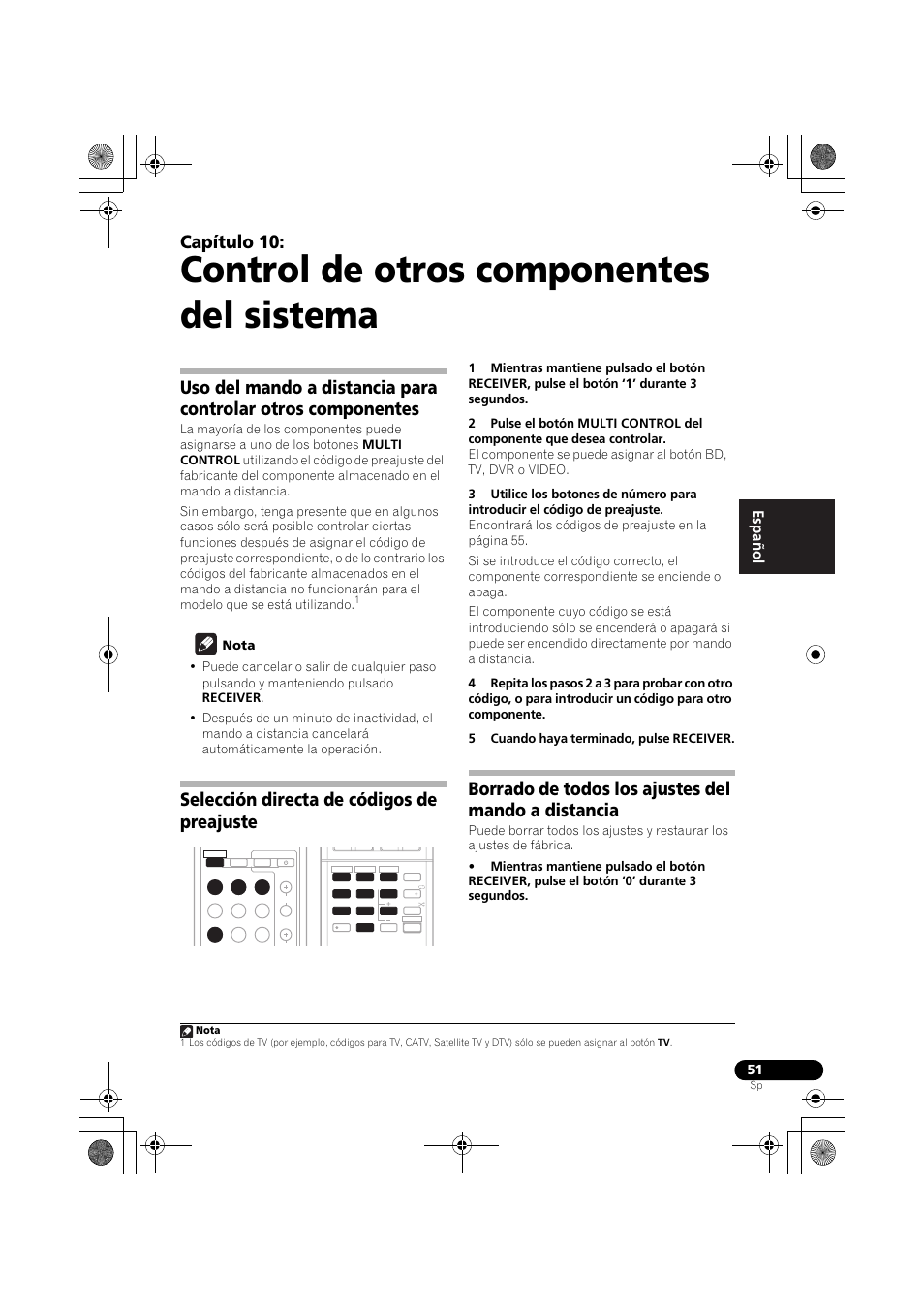 Control de otros componentes del sistema, Capítulo 10, Selección directa de códigos de preajuste | Borrado de todos los ajustes del mando a distancia, English français español | Pioneer VSX-819H User Manual | Page 191 / 213