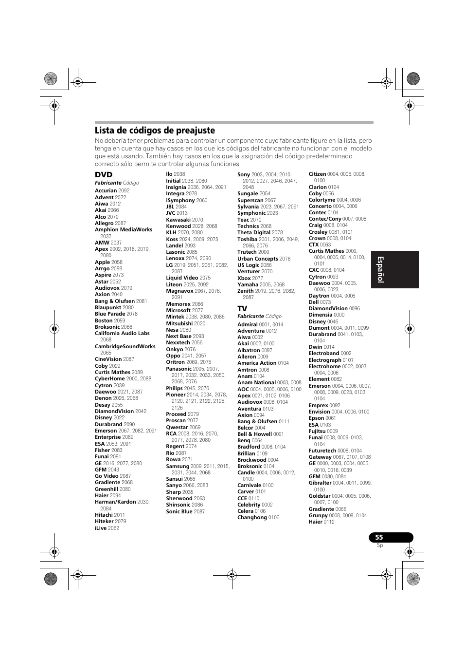 Lista de códigos de preajuste, English français español | Pioneer VSX-819H User Manual | Page 195 / 213