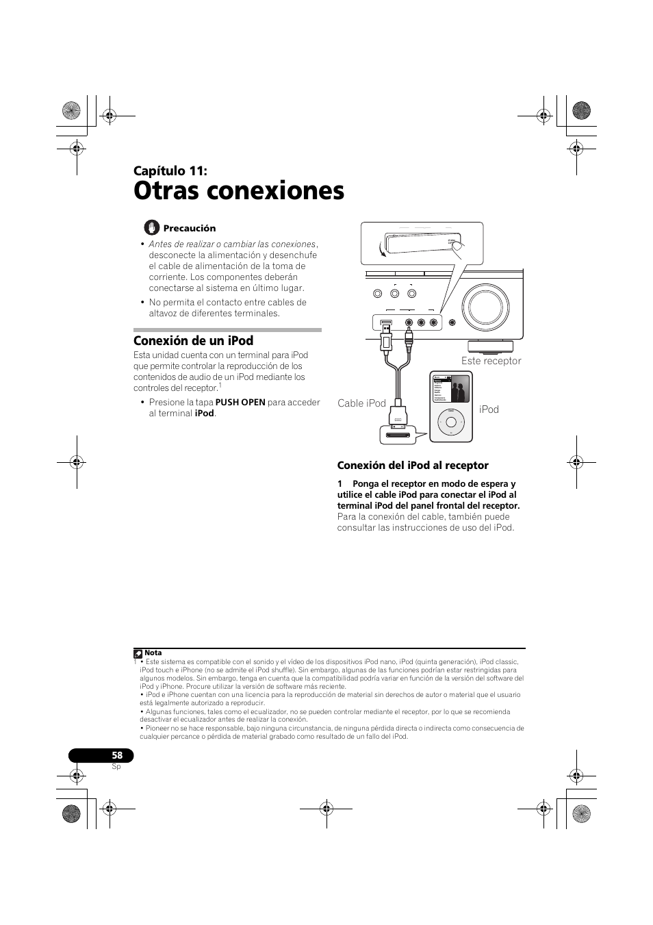 Conexión de un ipod, Conexión del ipod al receptor, Otras conexiones | Capítulo 11, Ipod, Este receptor cable ipod, Nota | Pioneer VSX-819H User Manual | Page 198 / 213