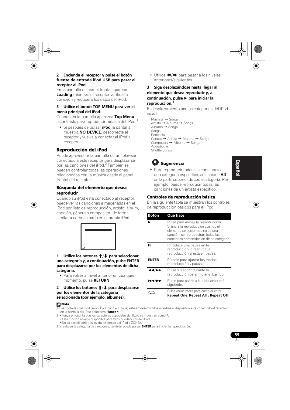 Reproducción del ipod, English français español, Búsqueda del elemento que desea reproducir | Controles de reproducción básica | Pioneer VSX-819H User Manual | Page 199 / 213