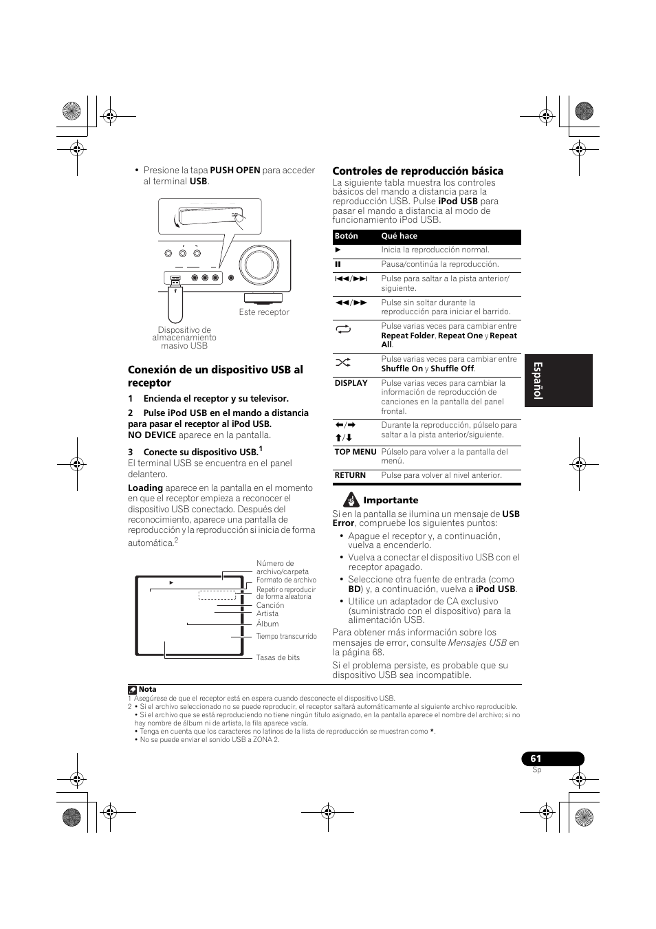 English français español, Conexión de un dispositivo usb al receptor, Controles de reproducción básica | Pioneer VSX-819H User Manual | Page 201 / 213