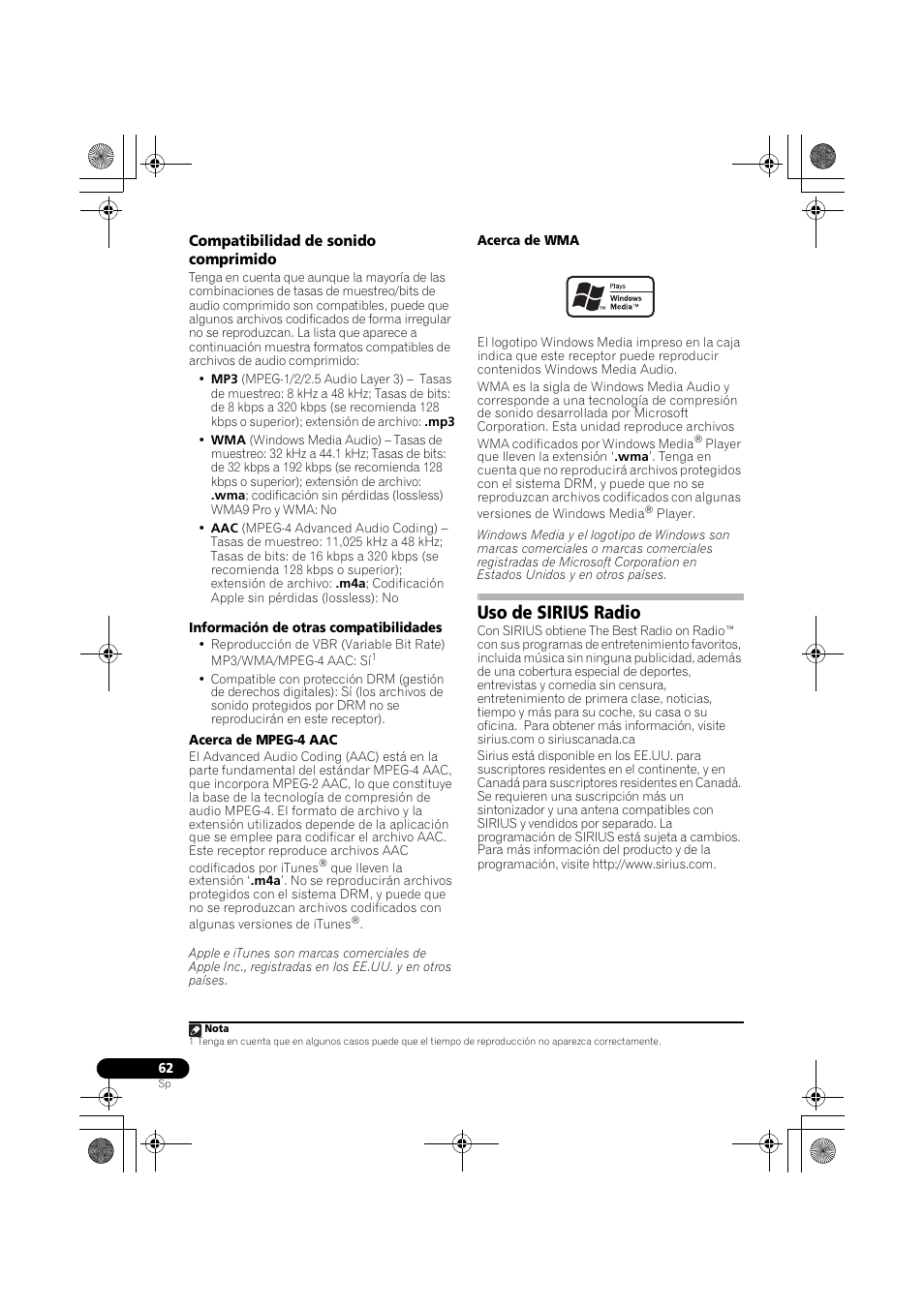 Compatibilidad de sonido comprimido, Uso de sirius radio | Pioneer VSX-819H User Manual | Page 202 / 213
