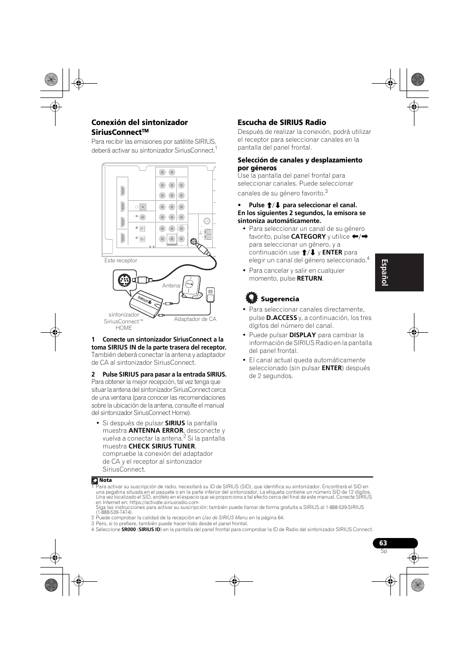 Conexión del sintonizador siriusconnect, Escucha de sirius radio, English français español | Selección de canales y desplazamiento por géneros | Pioneer VSX-819H User Manual | Page 203 / 213