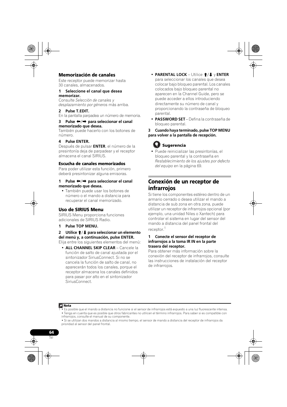 Memorización de canales uso de sirius menu, Conexión de un receptor de infrarrojos | Pioneer VSX-819H User Manual | Page 204 / 213