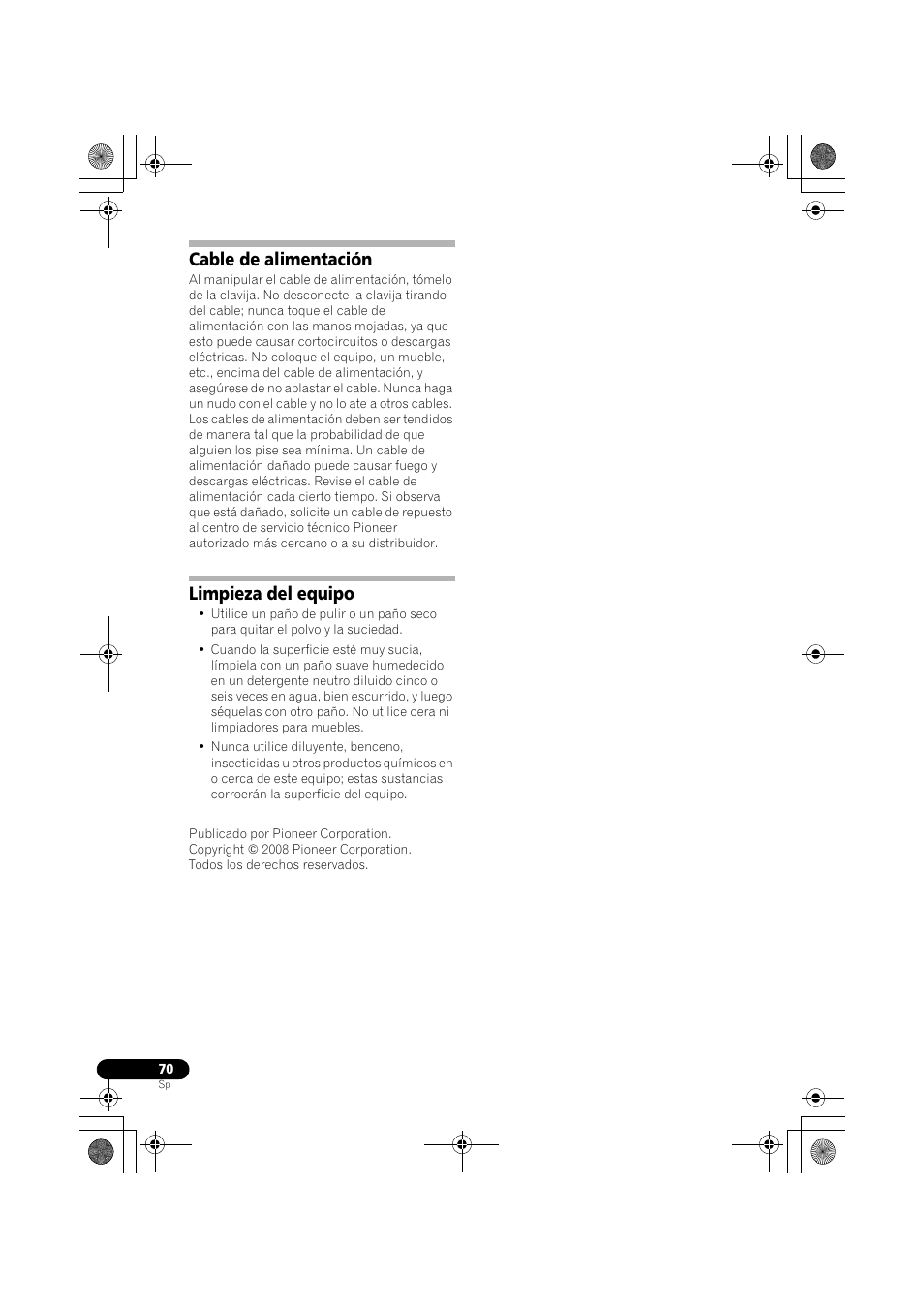 Cable de alimentación limpieza del equipo, Cable de alimentación, Limpieza del equipo | Pioneer VSX-819H User Manual | Page 210 / 213