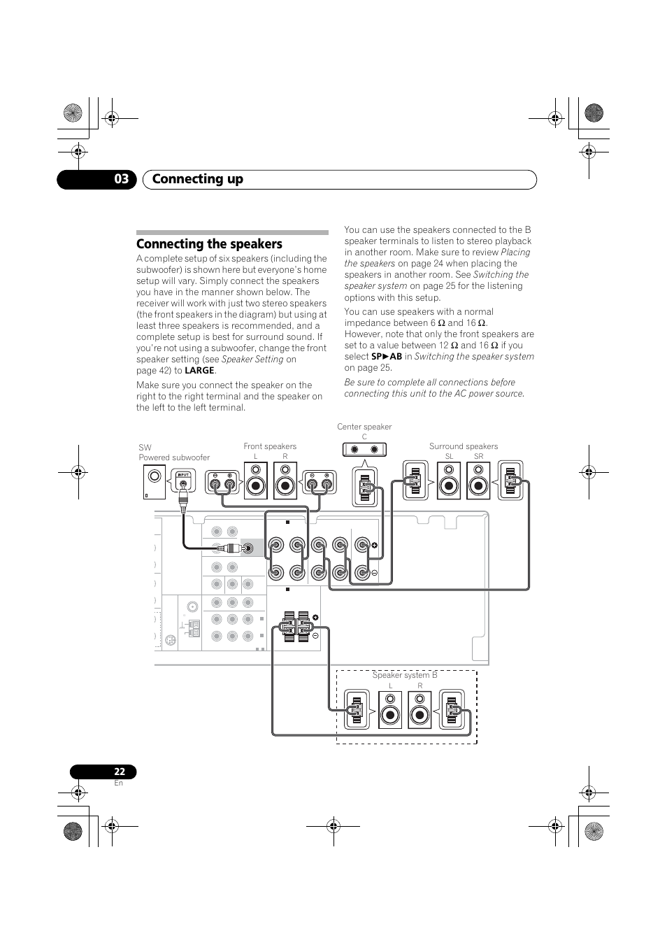 Connecting the speakers, Connecting up 03, Sw powered subwoofer front speakers | Center speaker, Surround speakers, Speaker system b | Pioneer VSX-819H User Manual | Page 22 / 213
