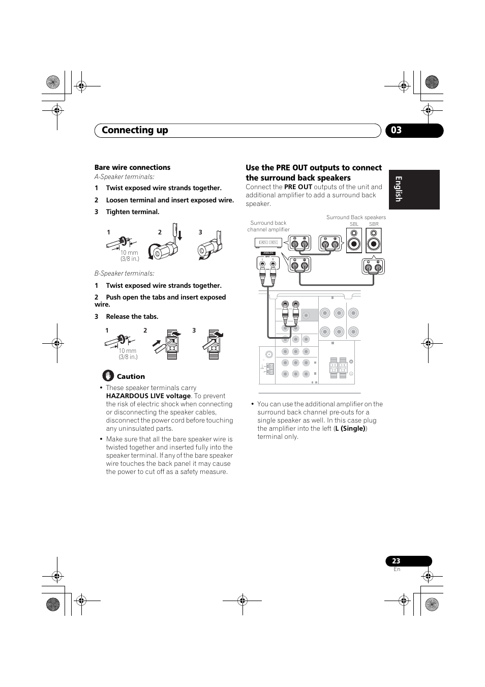 Connecting up 03, Bare wire connections | Pioneer VSX-819H User Manual | Page 23 / 213