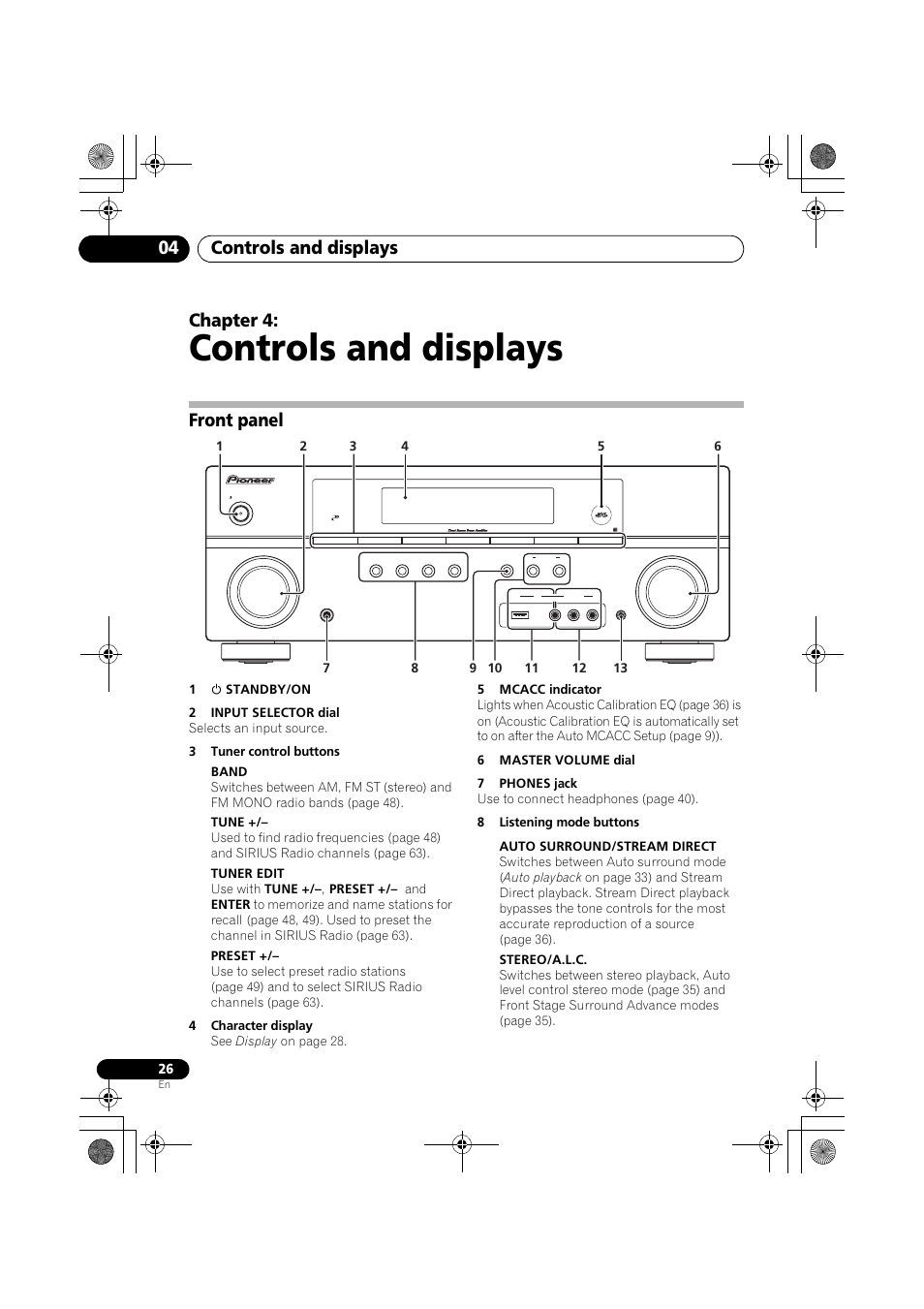 Front panel, Controls and displays, Controls and displays 04 | Chapter 4 | Pioneer VSX-819H User Manual | Page 26 / 213