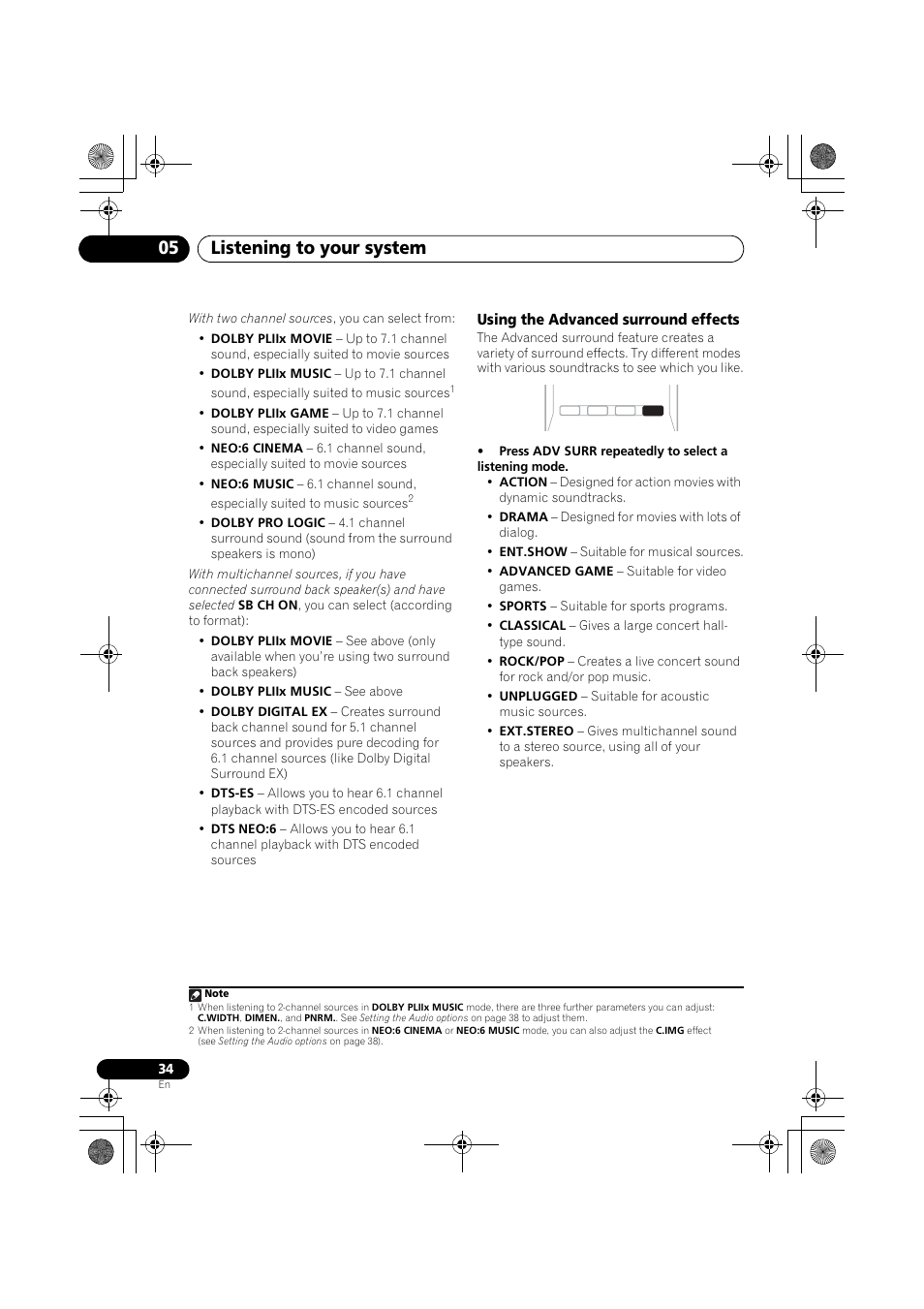 Using the advanced surround effects, Listening to your system 05 | Pioneer VSX-819H User Manual | Page 34 / 213