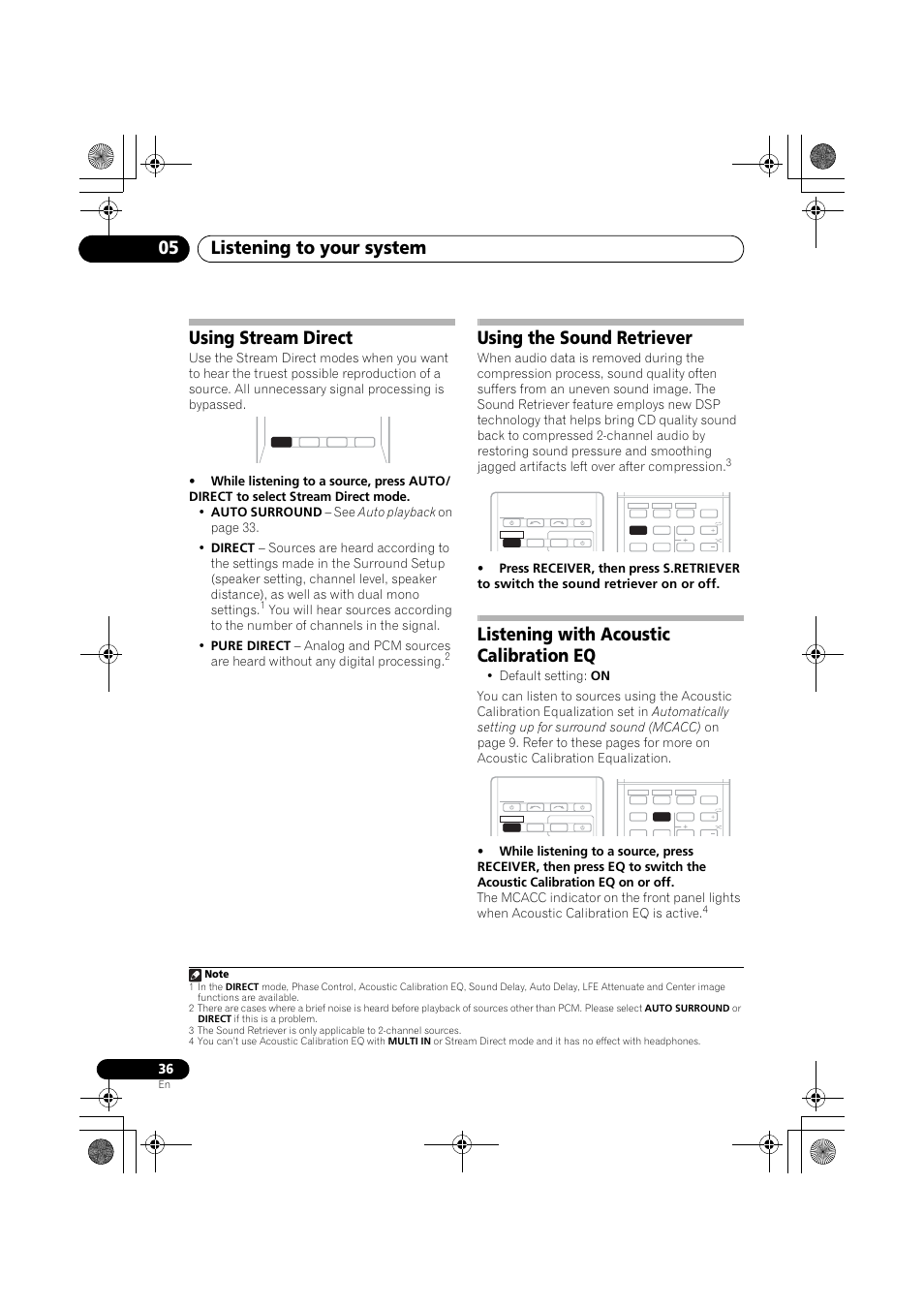 Listening to your system 05, Using stream direct, Using the sound retriever | Listening with acoustic calibration eq | Pioneer VSX-819H User Manual | Page 36 / 213