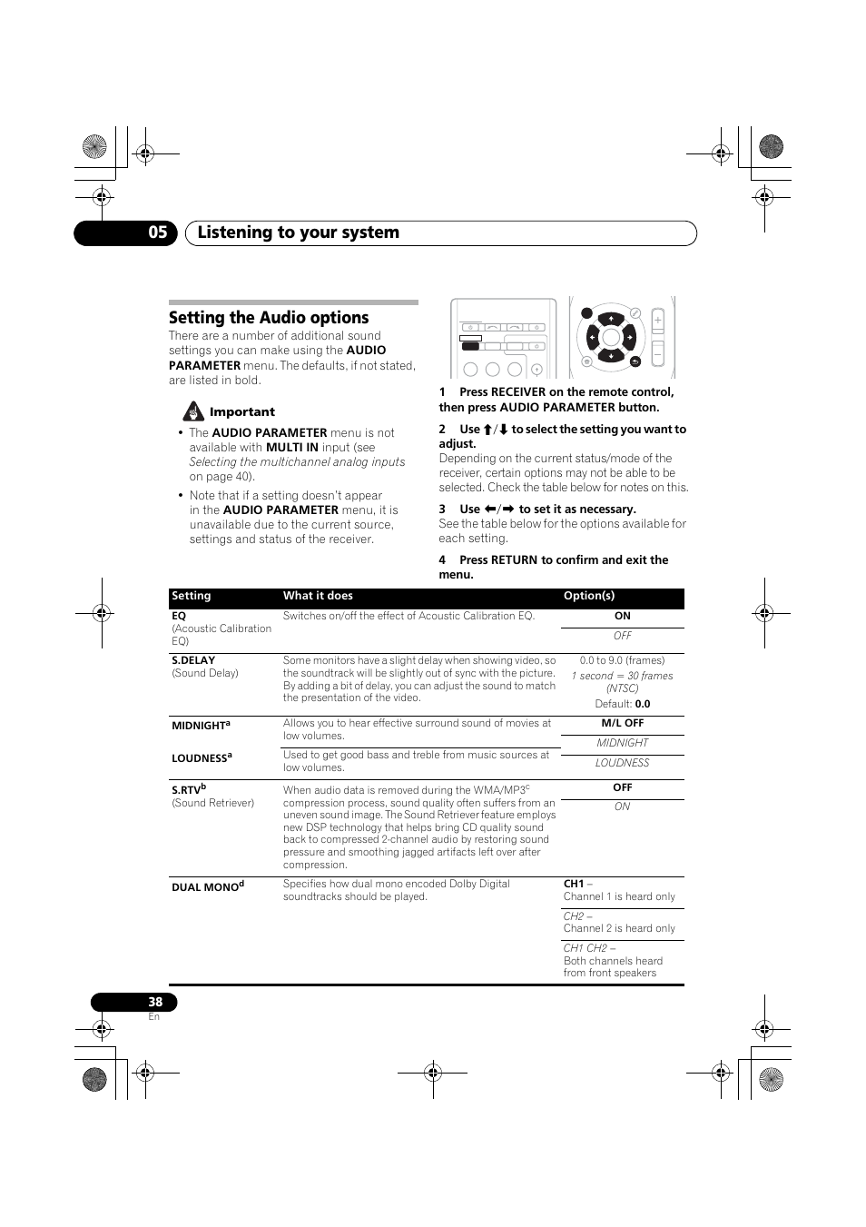 Setting the audio options, Listening to your system 05 | Pioneer VSX-819H User Manual | Page 38 / 213