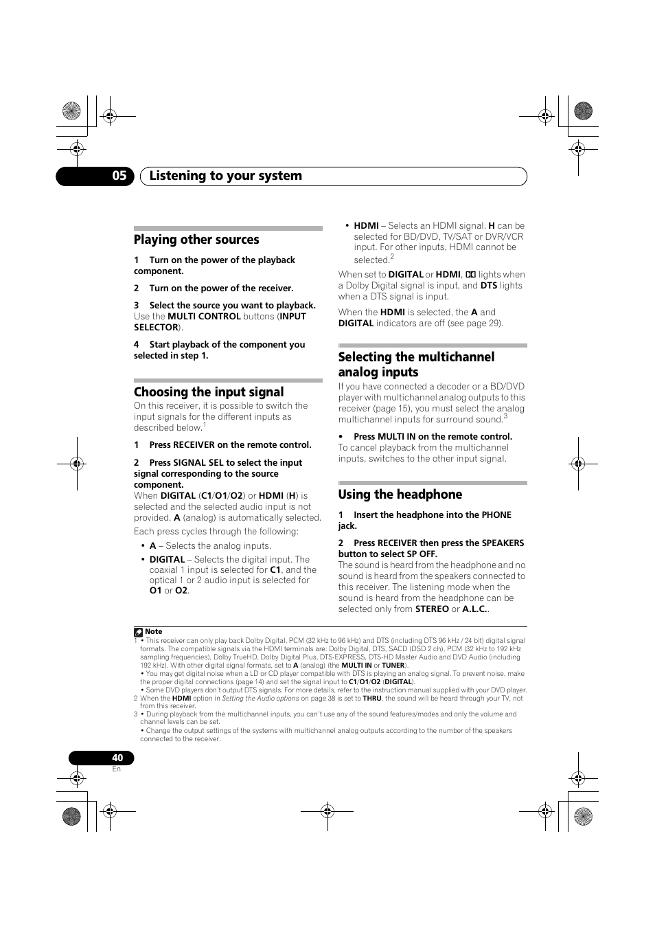 Listening to your system 05, Playing other sources, Choosing the input signal | Selecting the multichannel analog inputs, Using the headphone | Pioneer VSX-819H User Manual | Page 40 / 213