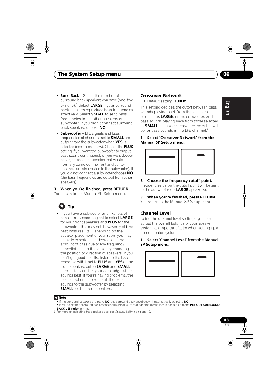 Crossover network channel level, The system setup menu 06, Crossover network | Channel level | Pioneer VSX-819H User Manual | Page 43 / 213