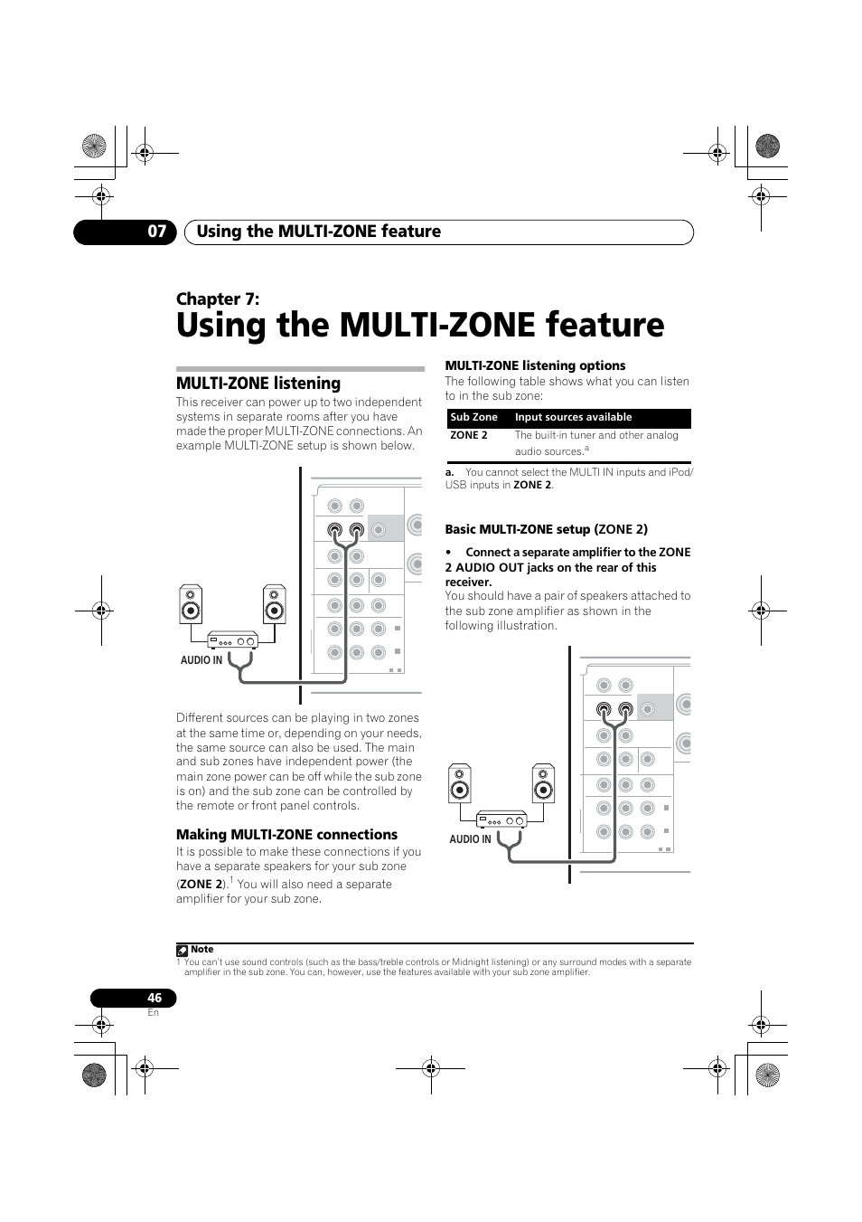 Multi-zone listening, Making multi-zone connections, Using the multi-zone feature | Using the multi-zone feature 07, Chapter 7, Multi-zone listening options, Basic multi-zone setup (zone 2), Audio in | Pioneer VSX-819H User Manual | Page 46 / 213