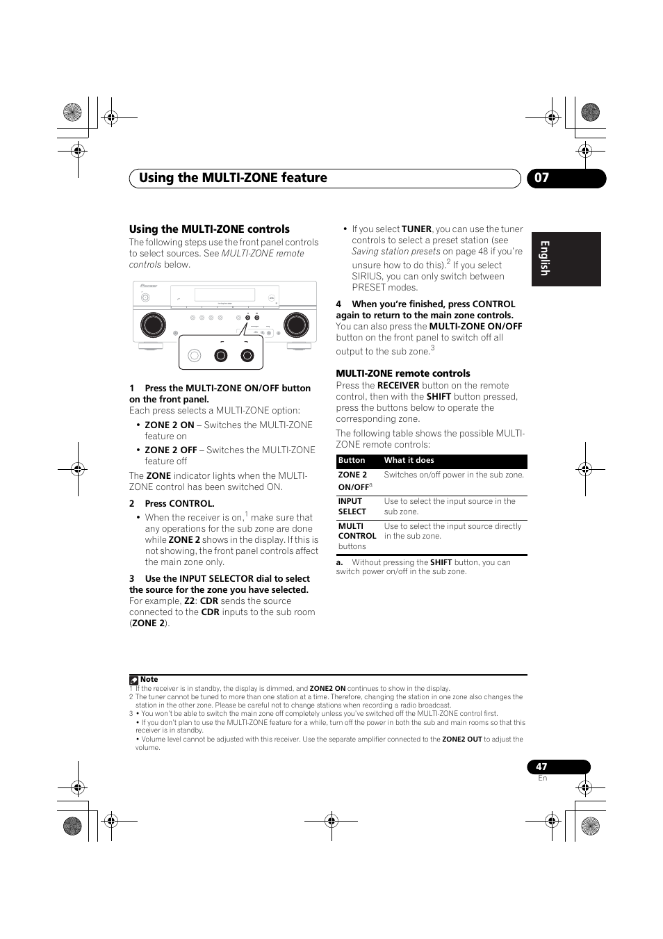 Using the multi-zone controls, Using the multi-zone feature 07 | Pioneer VSX-819H User Manual | Page 47 / 213