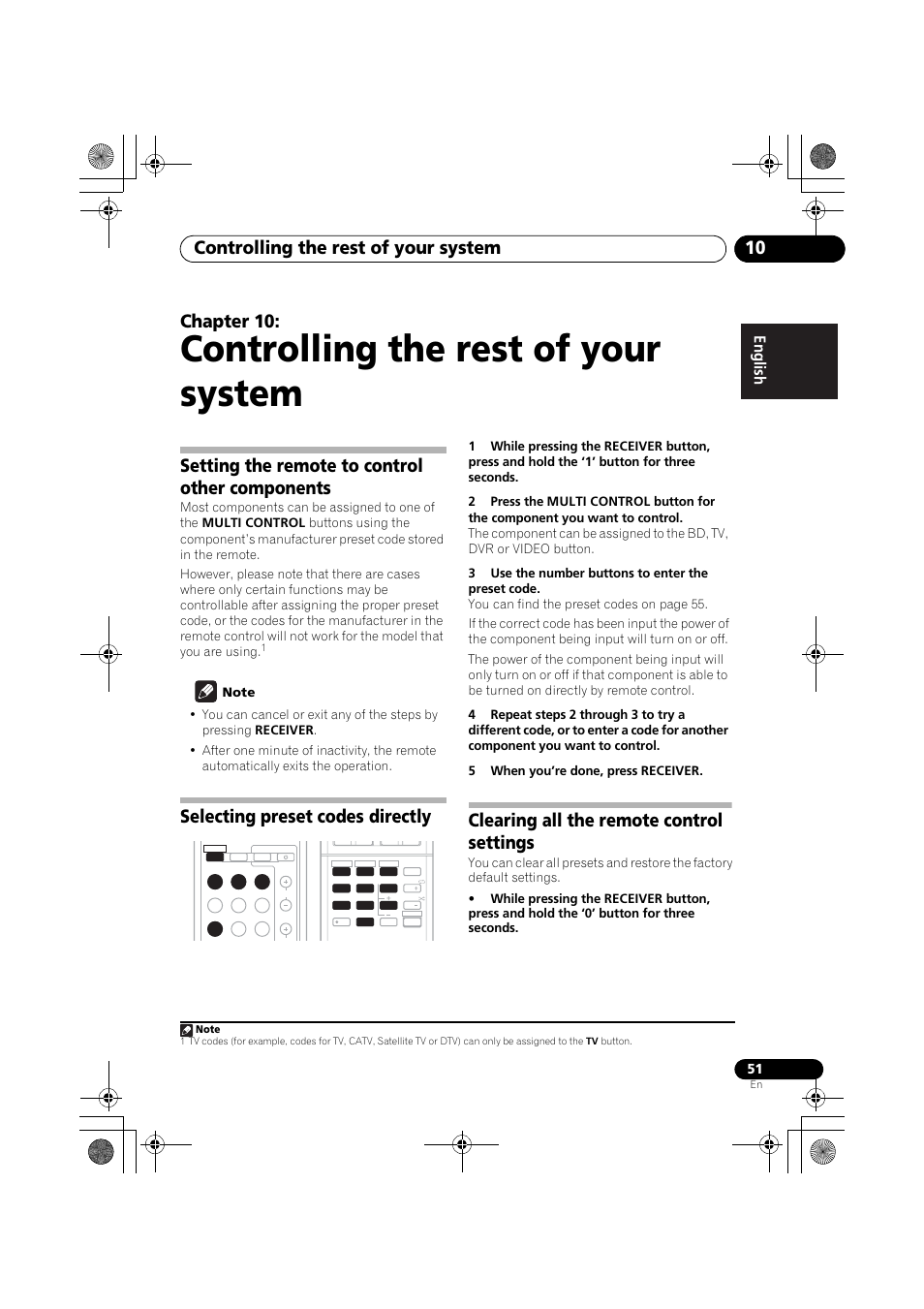 Controlling the rest of your system, Controlling the rest of your system 10, Chapter 10 | Setting the remote to control other components, Selecting preset codes directly, Clearing all the remote control settings | Pioneer VSX-819H User Manual | Page 51 / 213