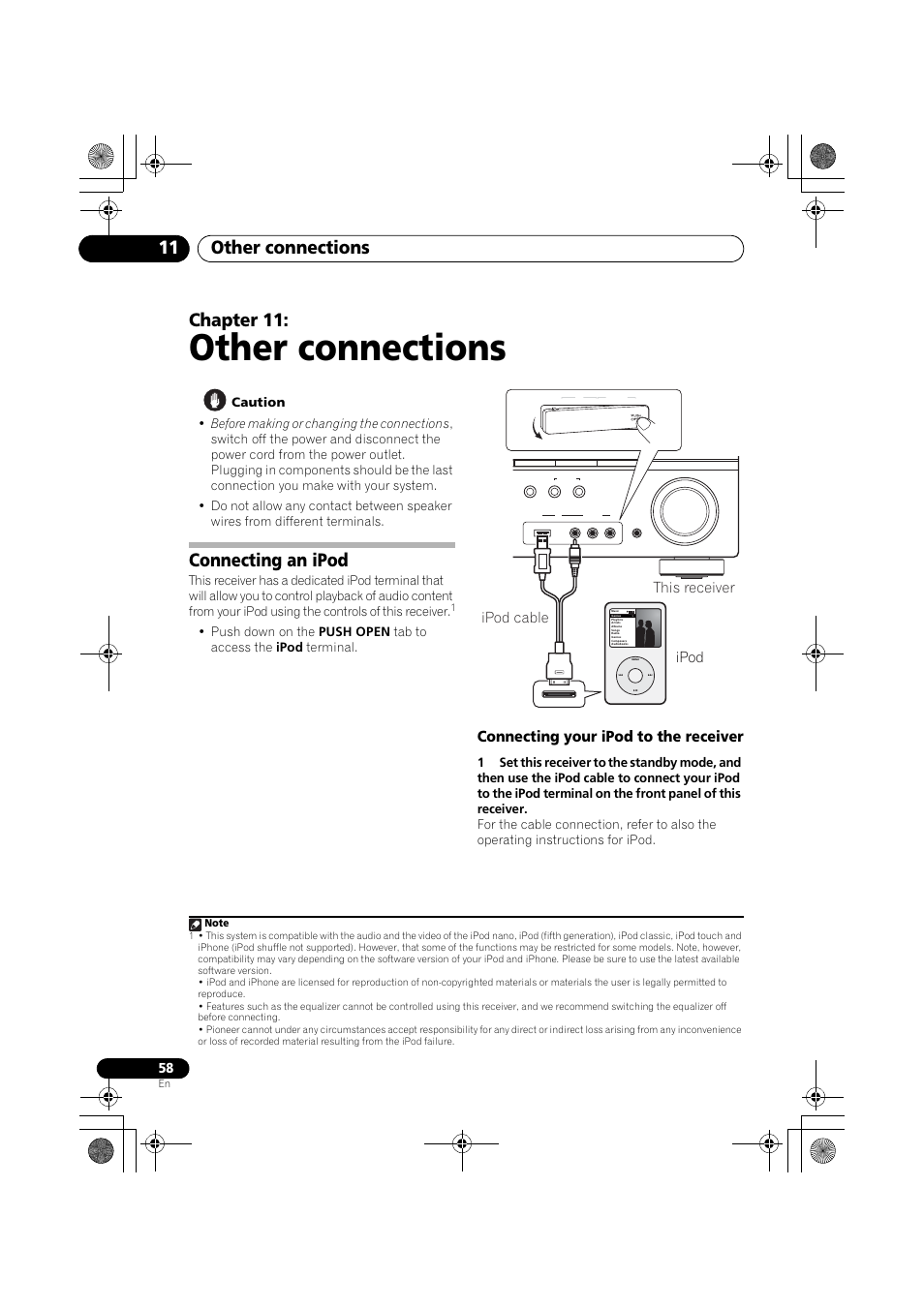 Connecting an ipod, Connecting your ipod to the receiver, Other connections | Other connections 11, Chapter 11, This receiver ipod cable ipod | Pioneer VSX-819H User Manual | Page 58 / 213