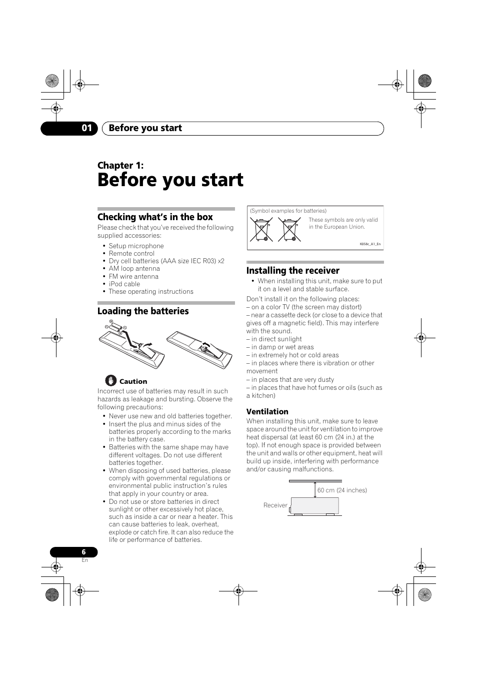 Ventilation, Before you start, Before you start 01 | Chapter 1, Checking what’s in the box, Loading the batteries, Installing the receiver | Pioneer VSX-819H User Manual | Page 6 / 213