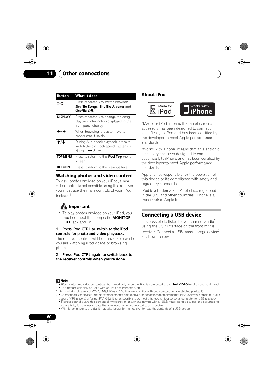 Watching photos and video content about ipod, Connecting a usb device, Other connections 11 | Pioneer VSX-819H User Manual | Page 60 / 213