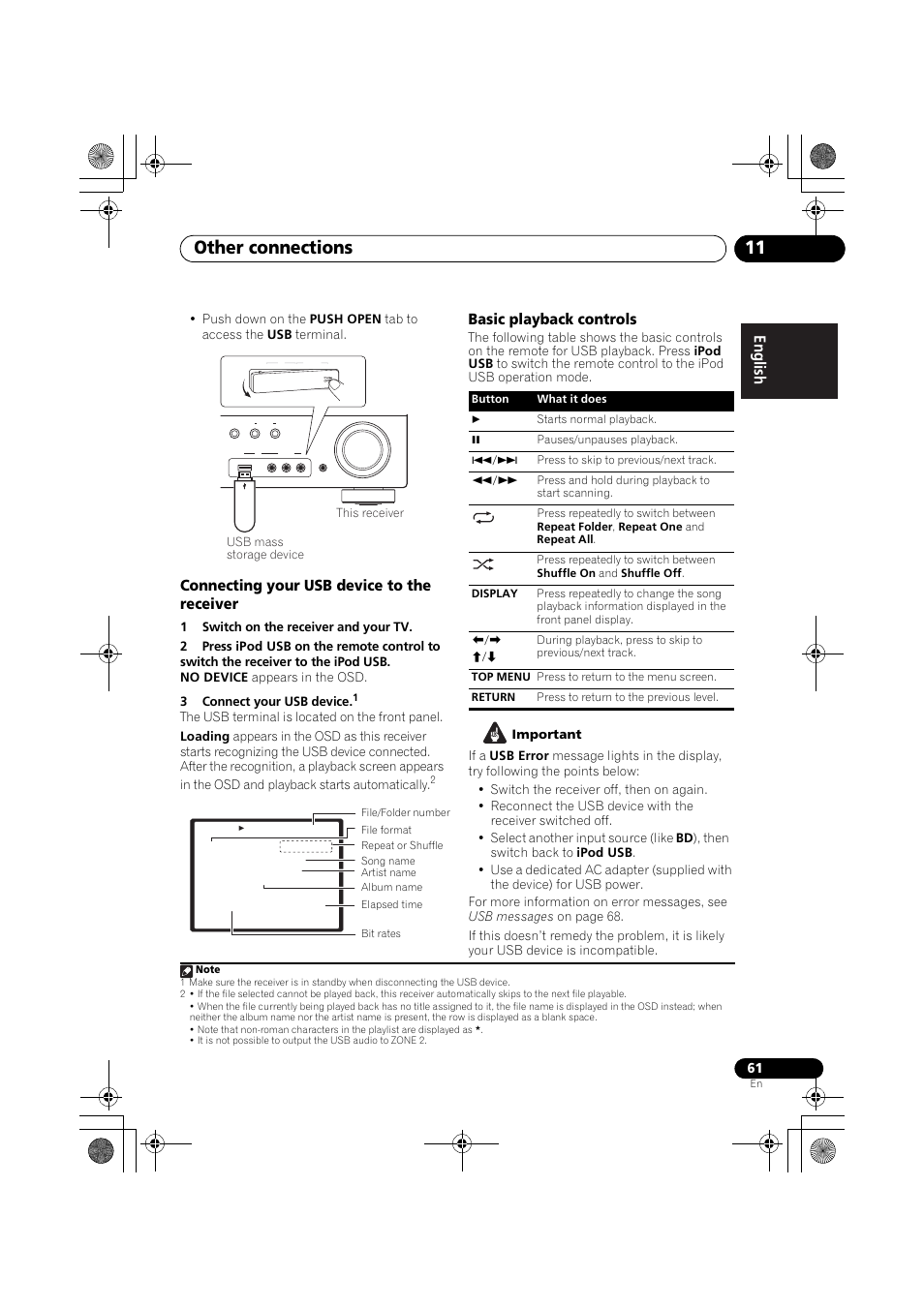 Other connections 11, Connecting your usb device to the receiver, Basic playback controls | Pioneer VSX-819H User Manual | Page 61 / 213
