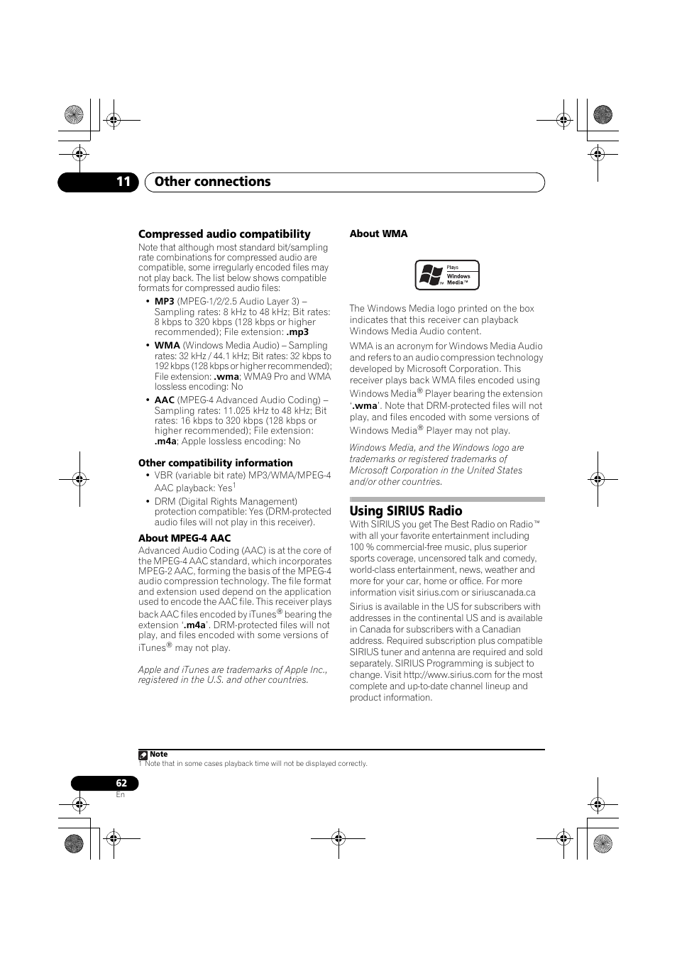 Compressed audio compatibility, Using sirius radio, Other connections 11 | Pioneer VSX-819H User Manual | Page 62 / 213