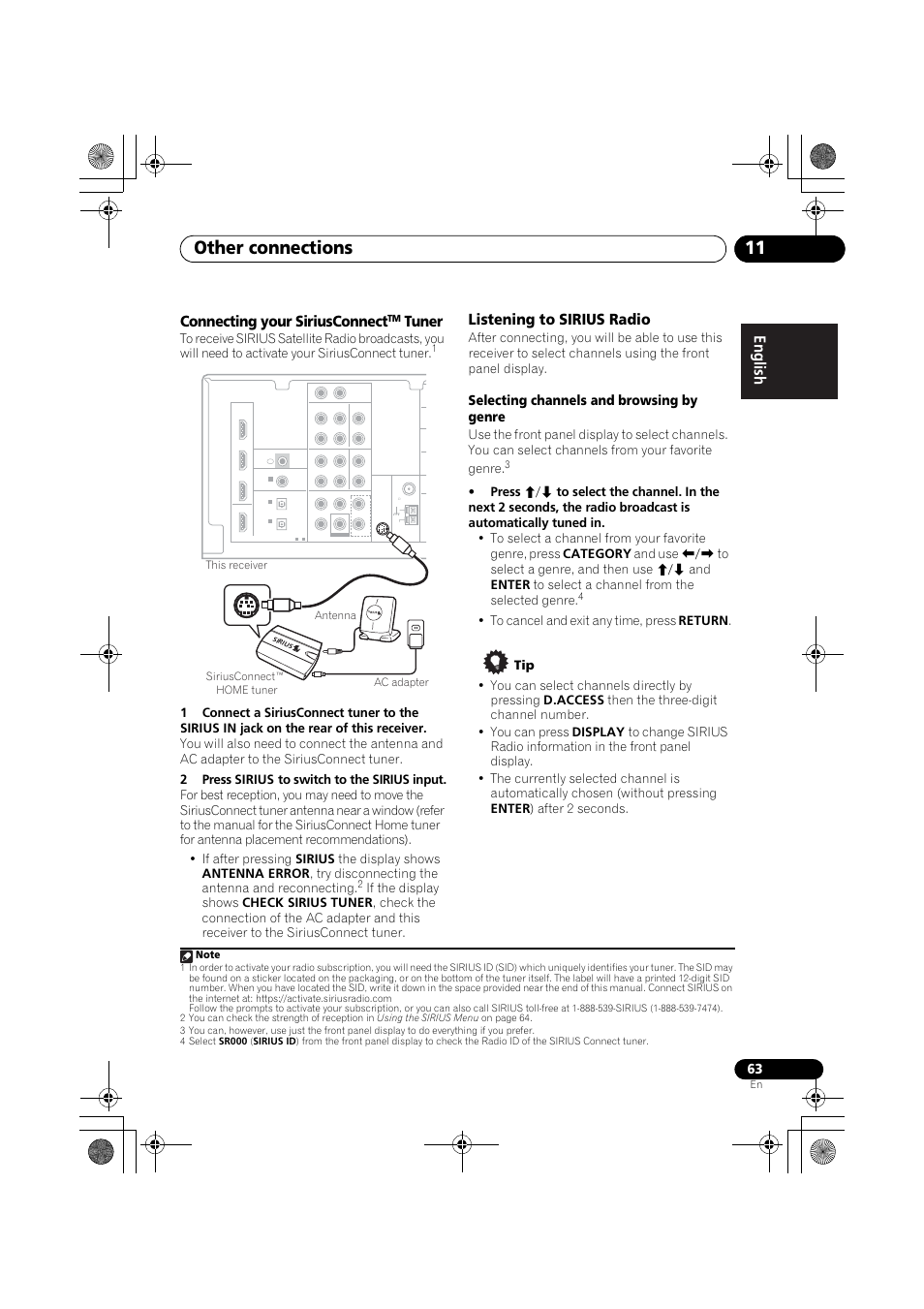 Connecting your siriusconnect, Tuner listening to sirius radio, Other connections 11 | Tuner, Listening to sirius radio, Selecting channels and browsing by genre | Pioneer VSX-819H User Manual | Page 63 / 213