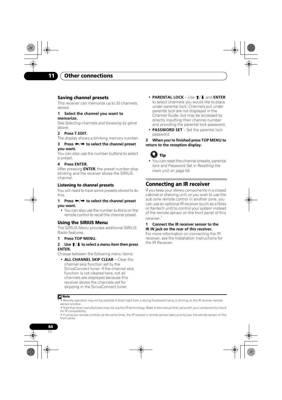 Saving channel presets using the sirius menu, Connecting an ir receiver, Other connections 11 | Pioneer VSX-819H User Manual | Page 64 / 213