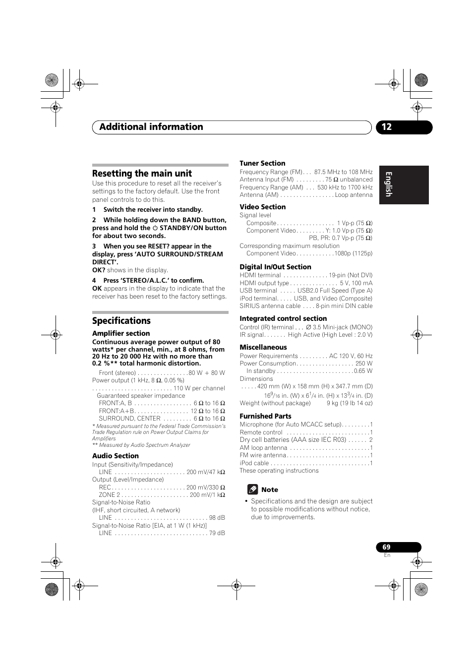 Resetting the main unit specifications, Additional information 12, Resetting the main unit | Specifications | Pioneer VSX-819H User Manual | Page 69 / 213