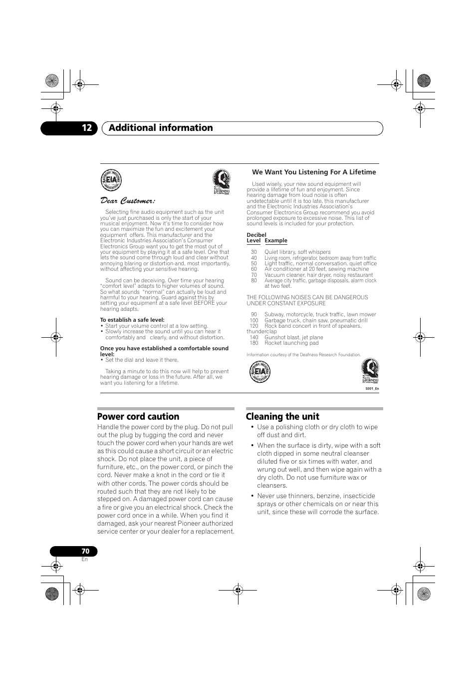 Power cord caution cleaning the unit, Additional information 12, Power cord caution | Cleaning the unit | Pioneer VSX-819H User Manual | Page 70 / 213