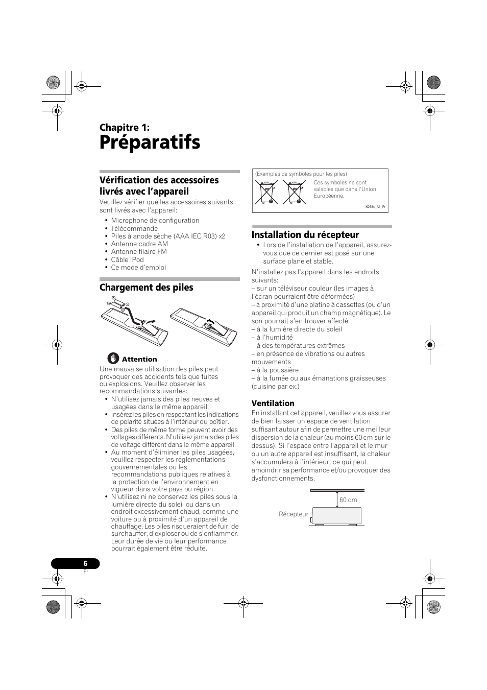 Chargement des piles, Installation du récepteur, Ventilation | Préparatifs, Chapitre 1 | Pioneer VSX-819H User Manual | Page 76 / 213