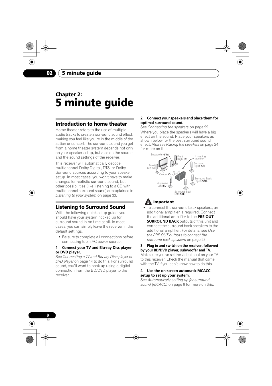 5 minute guide, 5 minute guide 02, Chapter 2 | Introduction to home theater, Listening to surround sound | Pioneer VSX-819H User Manual | Page 8 / 213