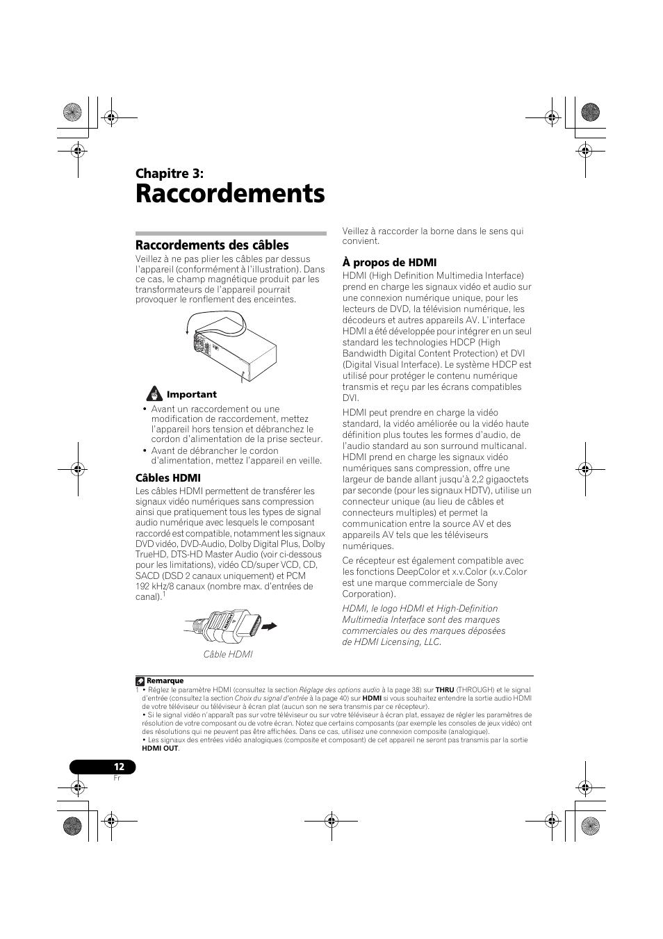 Raccordements des câbles, Câbles hdmi, À propos de hdmi | Raccordements, Chapitre 3 | Pioneer VSX-819H User Manual | Page 82 / 213