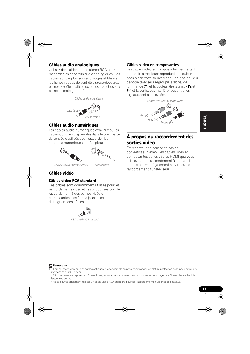 Câbles audio analogiques, Câbles audio numériques, Câbles vidéo | À propos du raccordement des sorties vidéo, English français español | Pioneer VSX-819H User Manual | Page 83 / 213