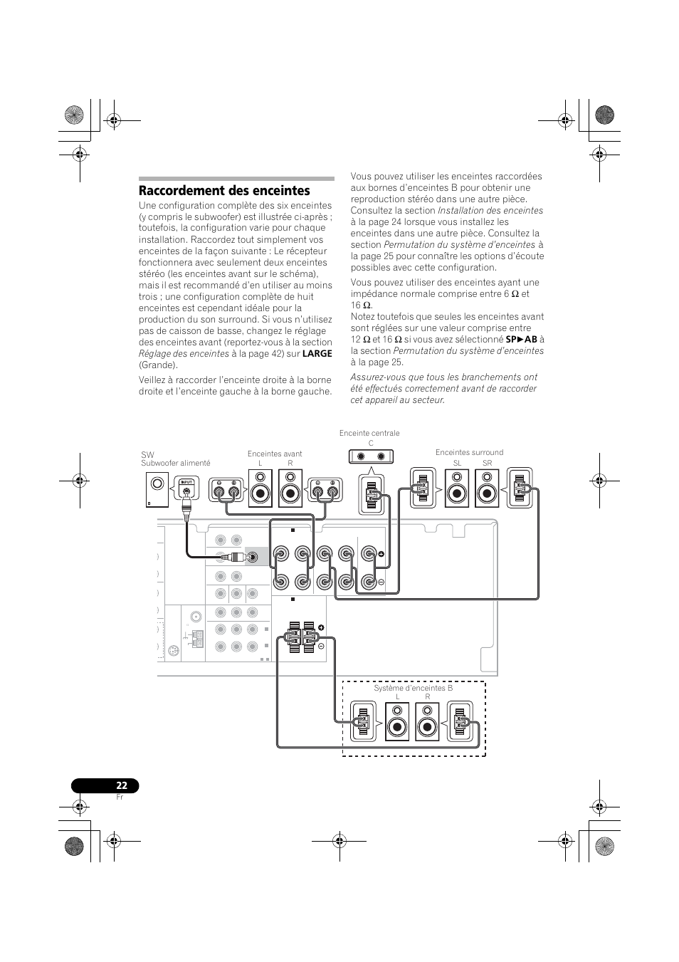 Raccordement des enceintes, Sw subwoofer alimenté, Lc r sl sr l r | Pioneer VSX-819H User Manual | Page 92 / 213