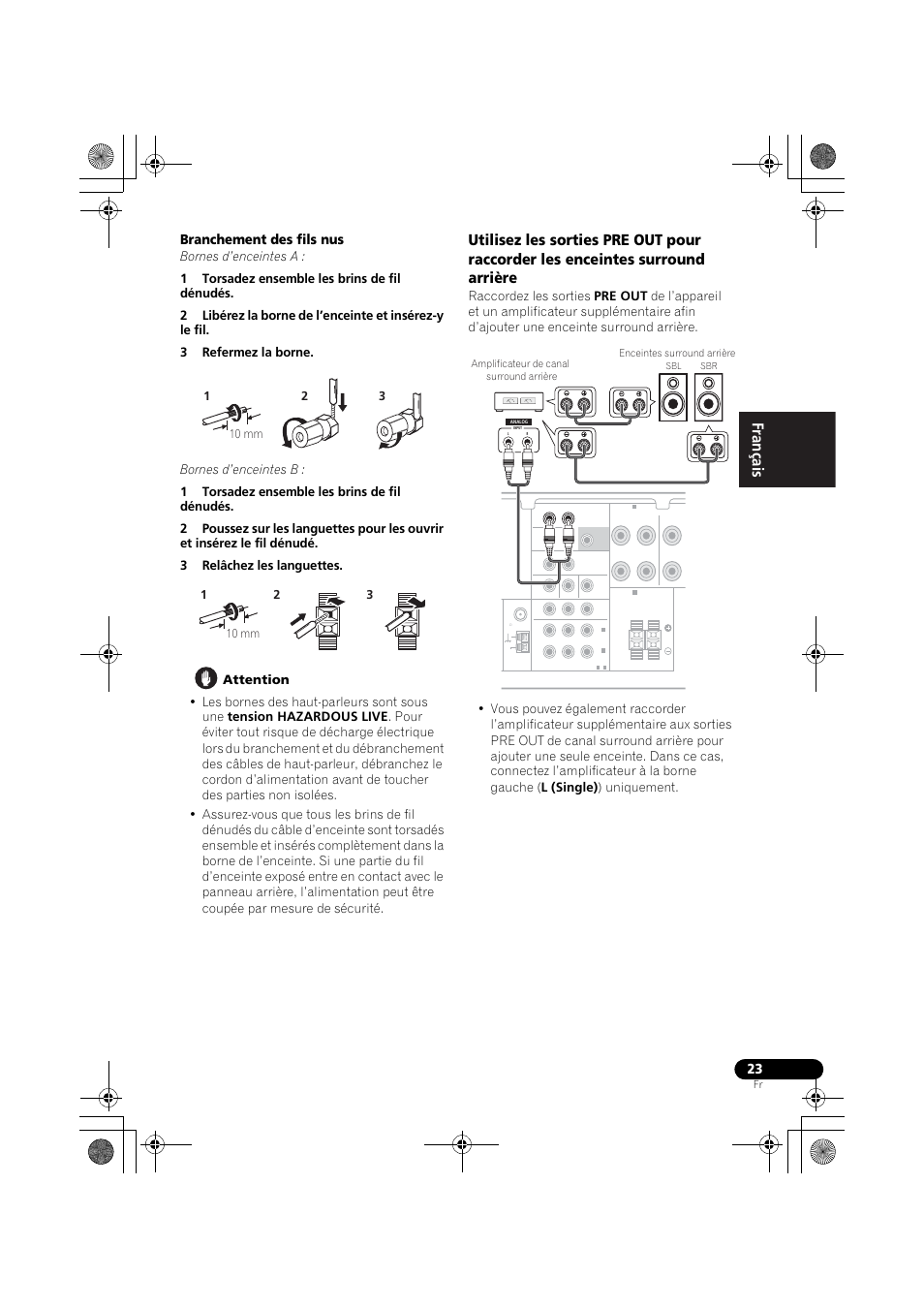 English français español, Branchement des fils nus | Pioneer VSX-819H User Manual | Page 93 / 213