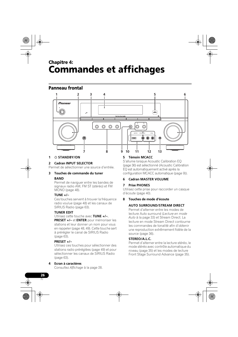 Panneau frontal, Commandes et affichages, Chapitre 4 | Pioneer VSX-819H User Manual | Page 96 / 213