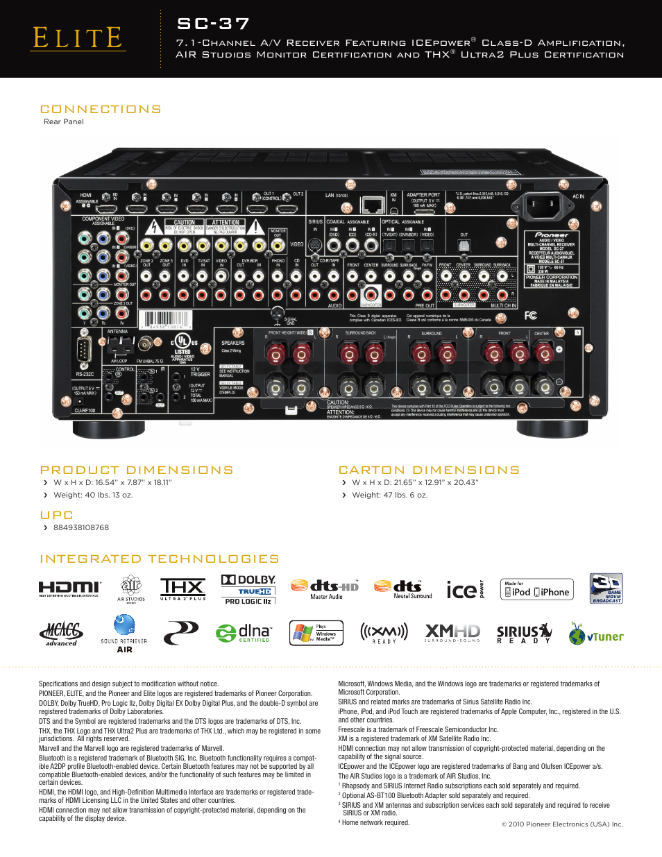 Sc-37, Connections, Integrated technologies product dimensions | Carton dimensions, Channel a/v receiver featuring icepower, Ultra2 plus certification | Pioneer Elite SC-37 User Manual | Page 2 / 2
