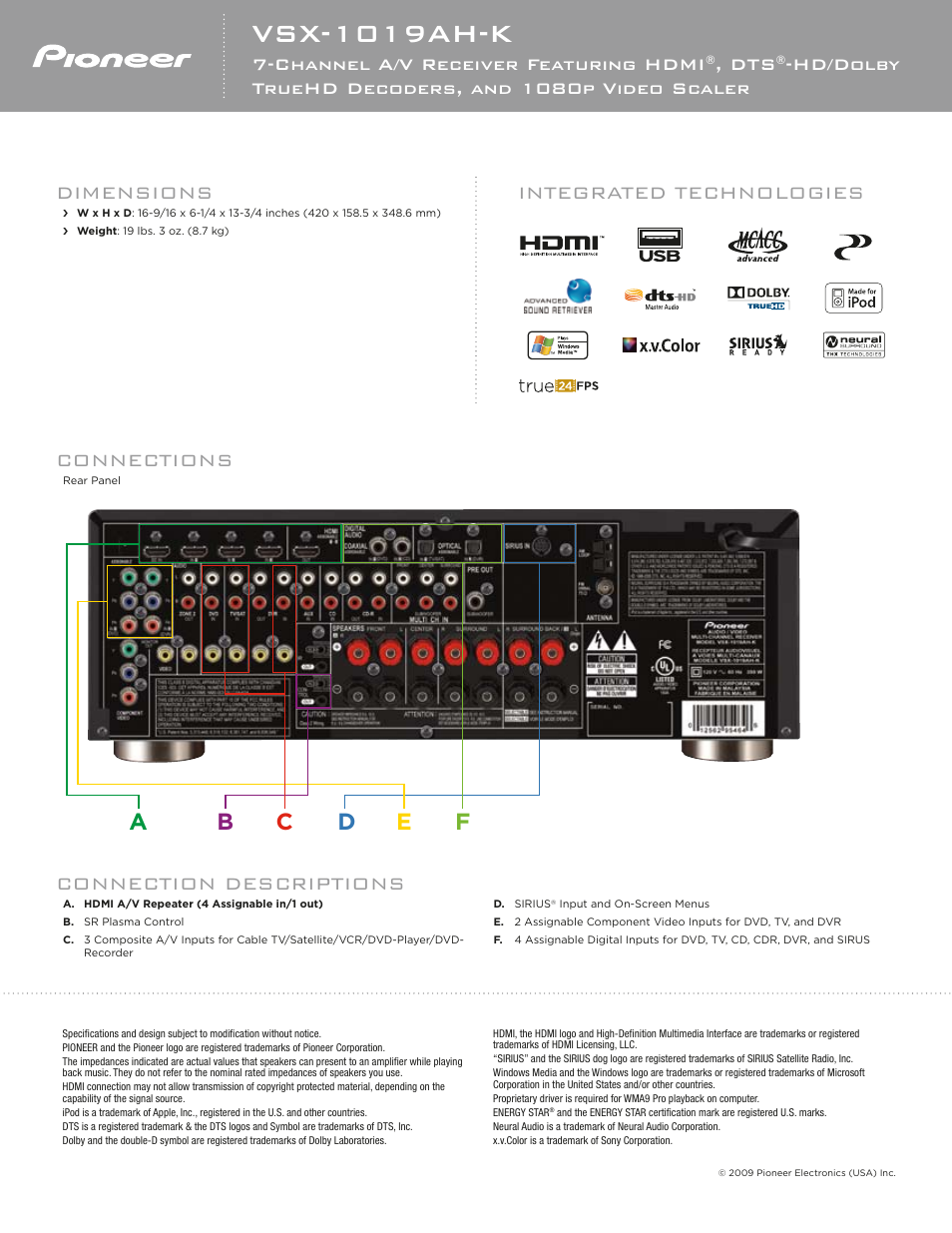 Vsx-1019ah-k, Connections, Dimensions | Integrated technologies, Connection descriptions, Channel a/v receiver featuring hdmi, Hd/dolby truehd decoders, and 1080p video scaler | Pioneer VSX-1019AHK User Manual | Page 2 / 2