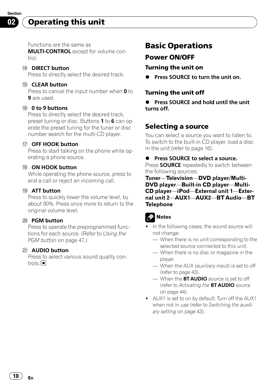Basic operations, Power on/off 10, Selecting a source 10 | Operating this unit, Power on/off, Selecting a source | Pioneer DEH-P65BT User Manual | Page 10 / 130