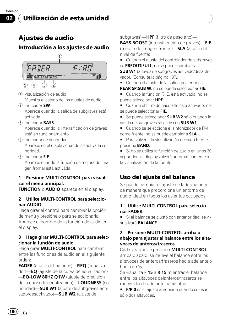 Ajustes de audio, Introducción a los ajustes de, Audio | Uso del ajuste del balance 100, Utilización de esta unidad, Introducción a los ajustes de audio, Uso del ajuste del balance | Pioneer DEH-P65BT User Manual | Page 100 / 130