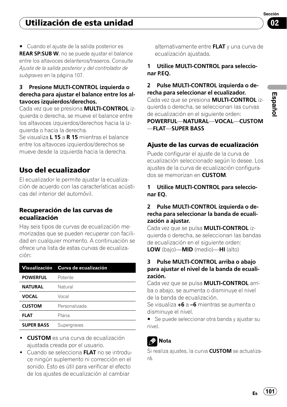 Uso del ecualizador 101, Utilización de esta unidad, Uso del ecualizador | Pioneer DEH-P65BT User Manual | Page 101 / 130